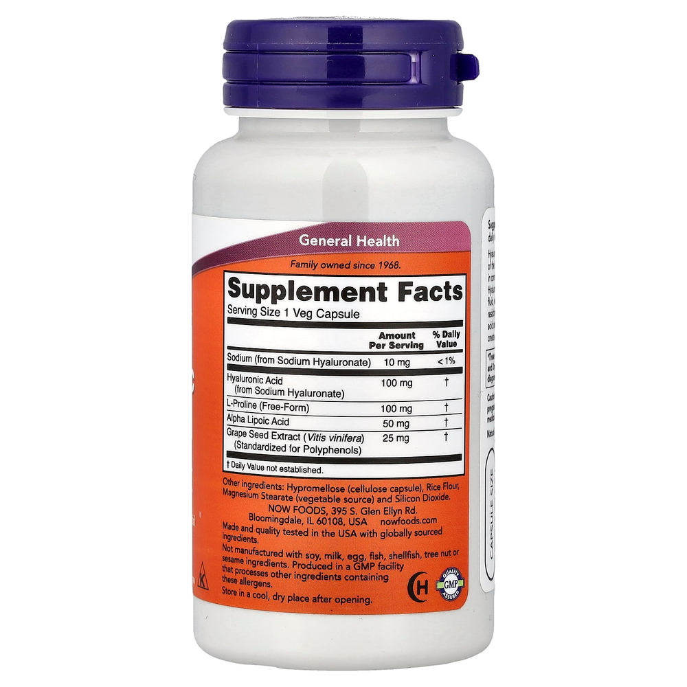 NOW Foods, гиалуроновая кислота с L-пролином, альфа-липоевой кислотой и экстрактом виноградных косточек, 100 мг, 60 растительных капсул