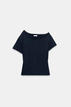 ZARA ФУТБОЛКА ИЗ ПЛОТНОГО ХЛОПКА С КОРОТКИМИ РУКАВАМИ, МОРСКОЙ СИНИЙ