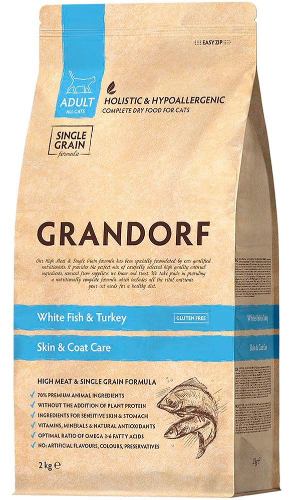 Grandorf 0,4кг White Fish &amp; Turkey Skin &amp; Coat Care Holistic для кошек, забота о коже и шерсти, белая рыба с индейкой