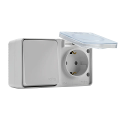 ATLASDESIGN PROFI IP54 О/У БЛОК: РОЗЕТКА с заземл. со шт., 16А, ВЫКЛЮЧАТЕЛЬ 1-клав., 10АХ, БЕЛЫЙ