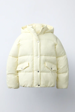 ZARA СТЕГАНАЯ КУРТКА WATER-REPELLENT С КАПЮШОНОМ, ЦВЕТ СЛИВОЧНОГО МАСЛА