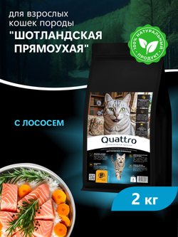 Корм сухой для взрослых кошек породы Шотландская прямоухая (Скоттиш-страйт), с лососем, 2 кг, QUATTRO