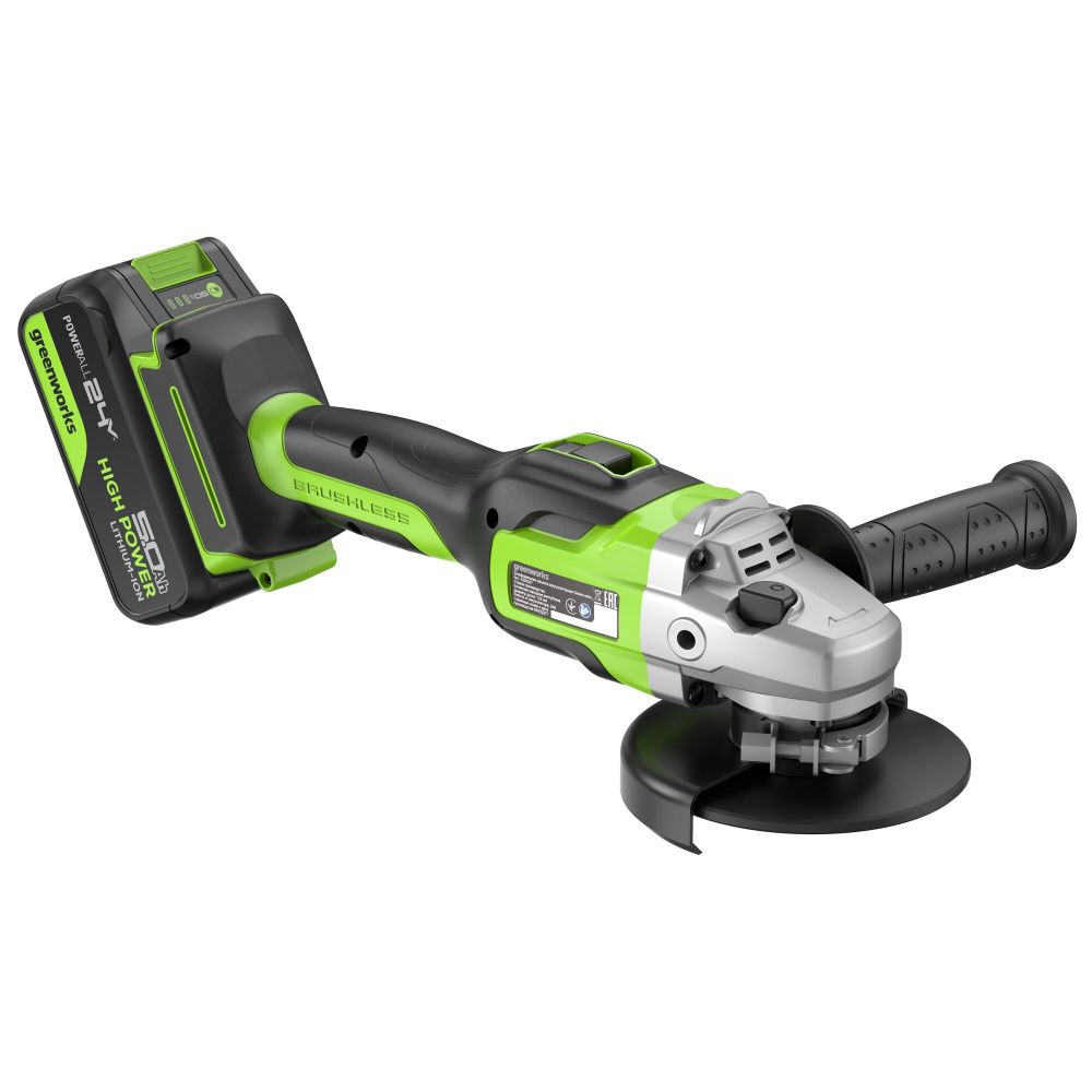 Угловая шлифовальная машина акк. Greenworks GD24AG, 24V, б/щет, 125 мм, 10500 об/мин,1x5Ач,быстрое ЗУ,кор (3200207CUG)