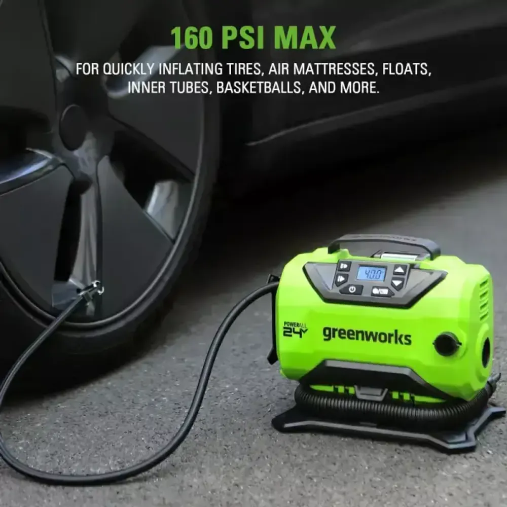 Компрессор автомобильный аккумуляторный Greenworks Арт. 3400807, 24V / 12V (от прикуривателя автомобиля), без АКБ и ЗУ в сумке