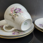 Чайные пары набор на 4 персоны фарфор, изящные цветы, Wloclawek porcelana, золочение, винтаж Польша, времён СССР 1967-1973 гг
