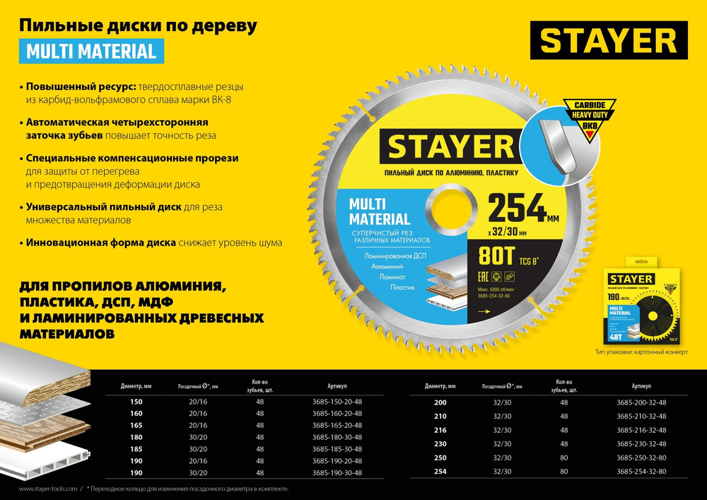 STAYER Multi Material, 200 х 32/30 мм, 48Т, супер чистый рез, пильный диск по алюминию (3685-200-32-48)