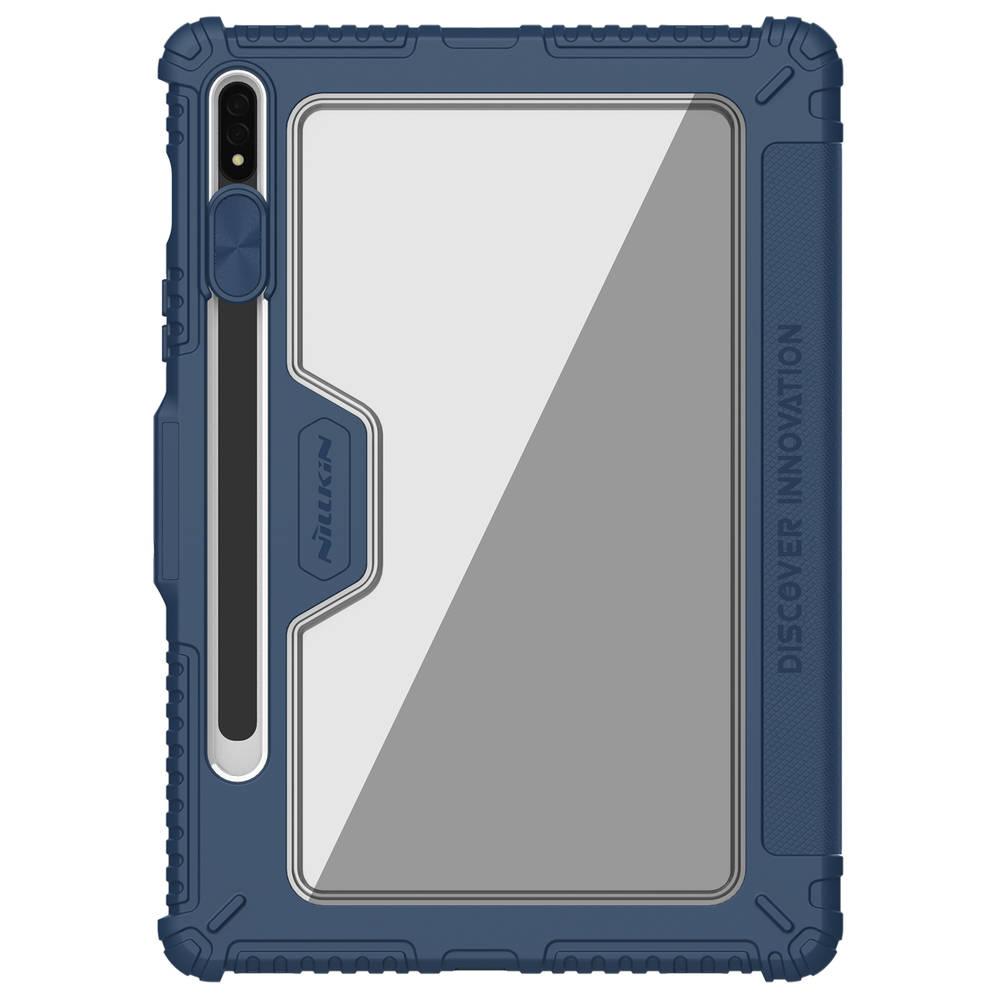 Чехол книжка синего цвета (Sapphire Blue) от Nillkin для планшета Samsung Galaxy Tab S7, серия Bumper Pro, с защитной шторкой для камеры