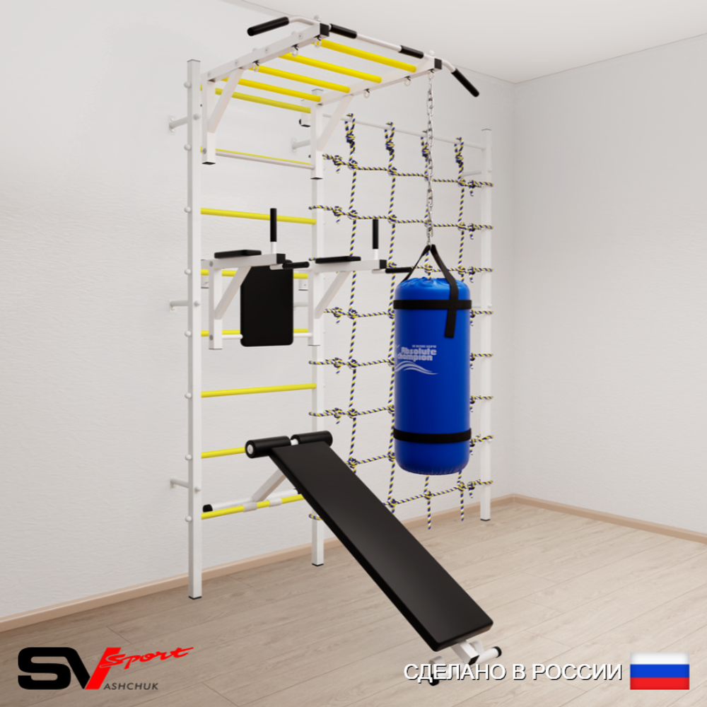 Шведская стенка Sv Sport усиленная 62430 (Турник рукоход/Брусья/Скамья/Цепь/Мешок 30кг/Канатный лаз)