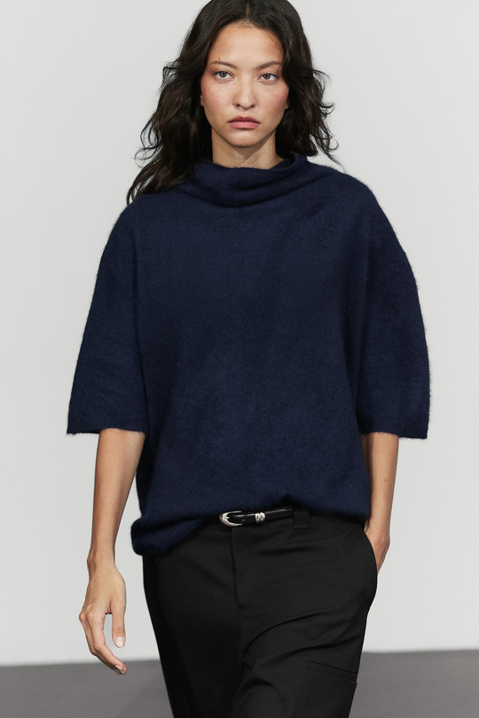 Massimo Dutti Свитер из 100% шерсти с короткими рукавами, чернильно-синий