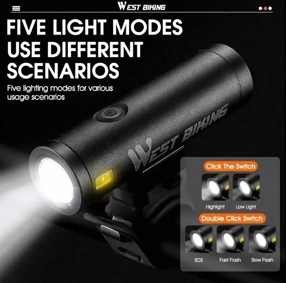 Фонарь велосипедный, передний West Biking YP0701332 (аккум. 2000 mAh, 5 режимов,USB)