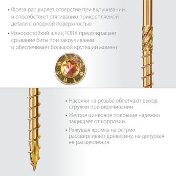 ЗУБР КС-П, 100 х 6.0 мм, TX30, потайная головка, желтый цинк, 100 шт, конструкционный саморез, Профессионал (30041-60-100)
