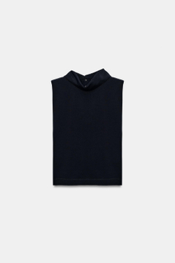 ZARA ТОП С ВЫСОКИМ ВОРОТНИКОМ И ПОДПЛЕЧНИКАМИ, МОРСКОЙ СИНИЙ