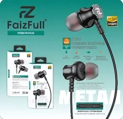 Гарнитура FaizFull FN20, вакуумные, разъем Jack, кабель 1.2 м Black
