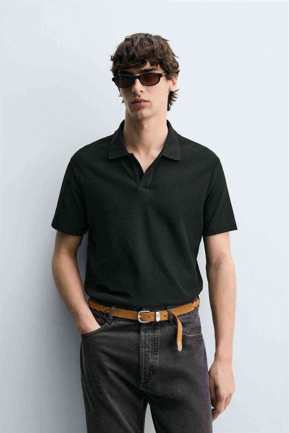 ZARA ПОЛО REGULAR FIT ИЗ ХЛОПКА С РЕЛЬЕФНЫМ УЗОРОМ, ЧЕРНЫЙ