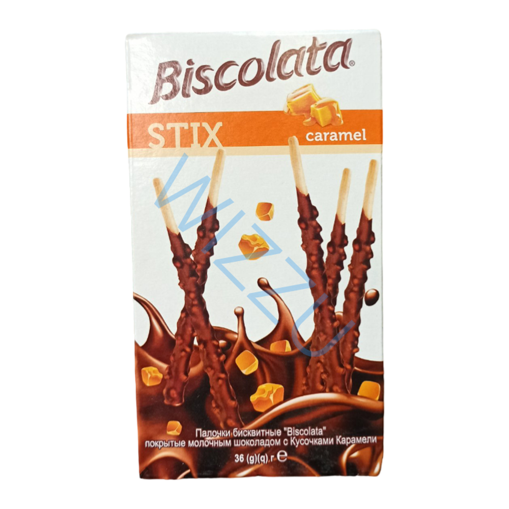 Палочки бисквитные Biscolata покрытые мол шок с кусочками карамели 36 г