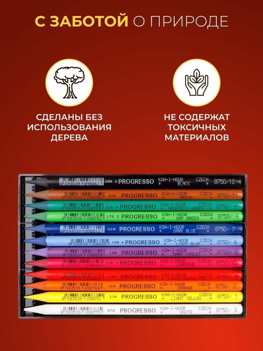Карандаши цветные художественные KOH-I-NOOR "Progresso", 12 цветов, 7,1 мм, в лаке, без дерева, заточенные, 8756012007PZ