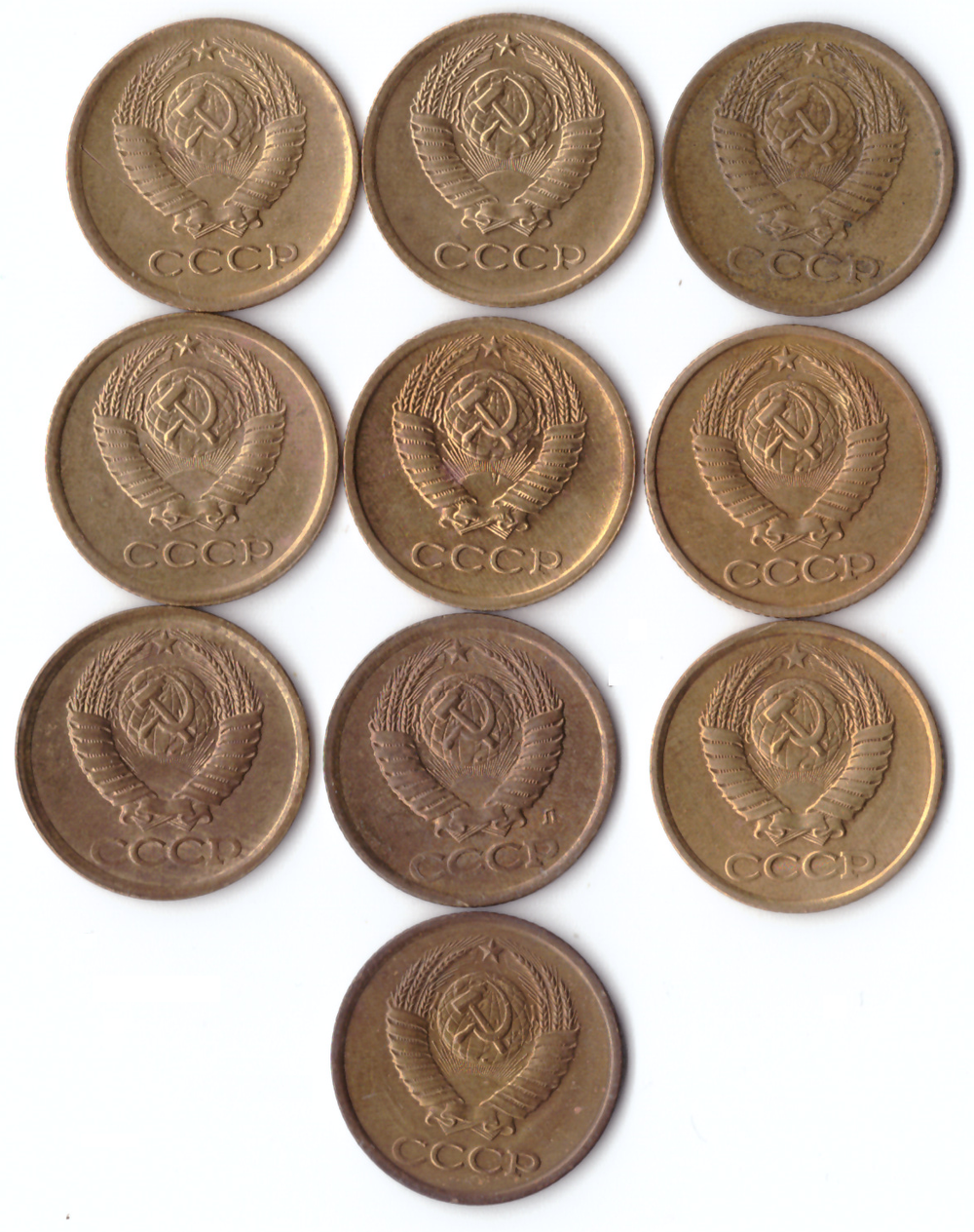 Комплект монет СССР (10шт.) 1 копейка , 1965,67,74,79,80.82,83.85,90,91., UNC, PROOF