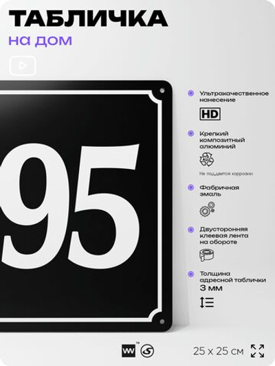 Адресная табличка с номером дома 195, на фасад и забор, черная, 25х25 см, Айдентика Технолоджи