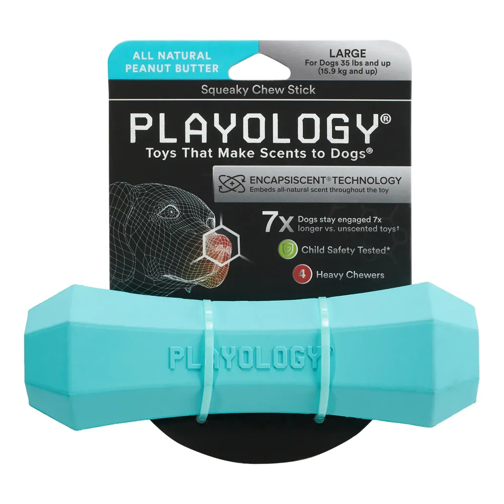 Жевательная палочка Playology SQUEAKY CHEW STICK для собак средних и крупных пород с ароматом арахиса, большая, цвет голубой