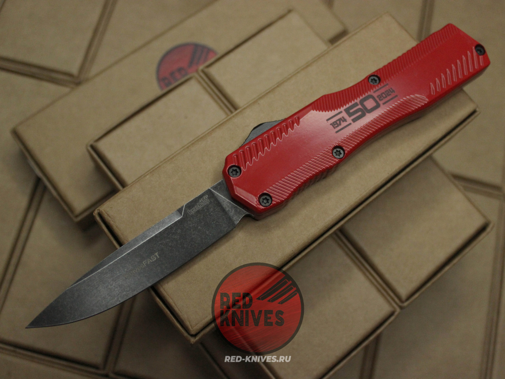Нож Kershaw Livewire 9000 - рукоять красная, 50 лет, клинок блэквош