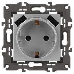 Розетка ЭРА Elegance 14-4109-03 2P+E 16A-250В штор. с 2xUSB 5В-3А алюминий | Эра Elegance
