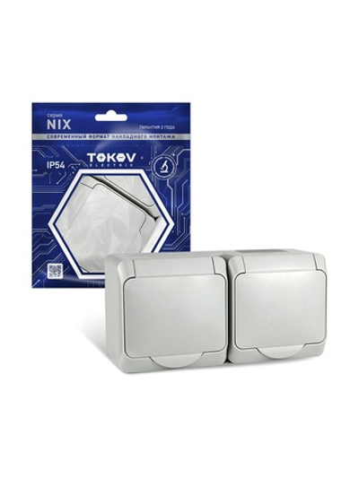Розетка 2-м ОП Nix 16А IP54 250В с заземл. с крышкой сер. TOKOV ELECTRIC TKE-NX-R2Z-C06-IP54
