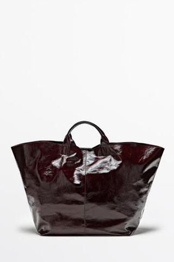 Massimo Dutti Сумка-тоут макси из кожи наппа с эффектом кракелюр, шоколадно-коричневый