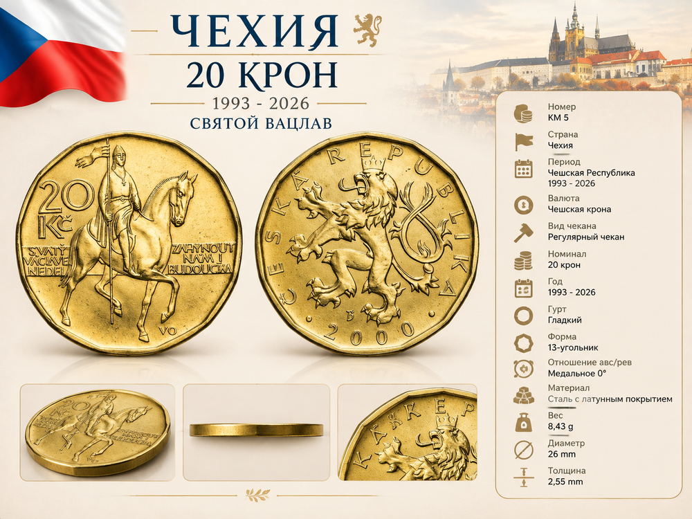 Чехия 20 крон, 2000 Святой Вацлав XF