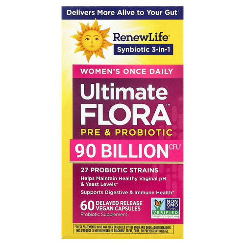 Renew Life, комплекс для женщин, пробиотик Ultimate Flora™, 90 млрд КОЕ, 60 веганских капсул с отсроченным высвобождением