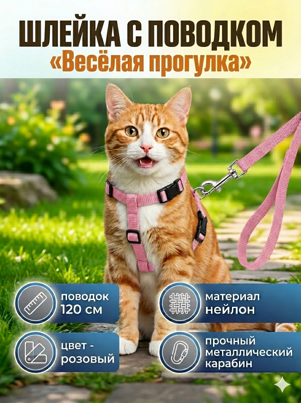 Шлейка с поводком «Веселая прогулка» 120см цвет светло - розовый