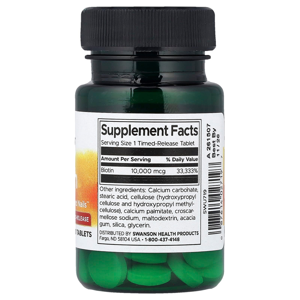 Swanson Vitamins, Биотин, замедленного высвобождения, 10 000 мкг, 60 таблеток