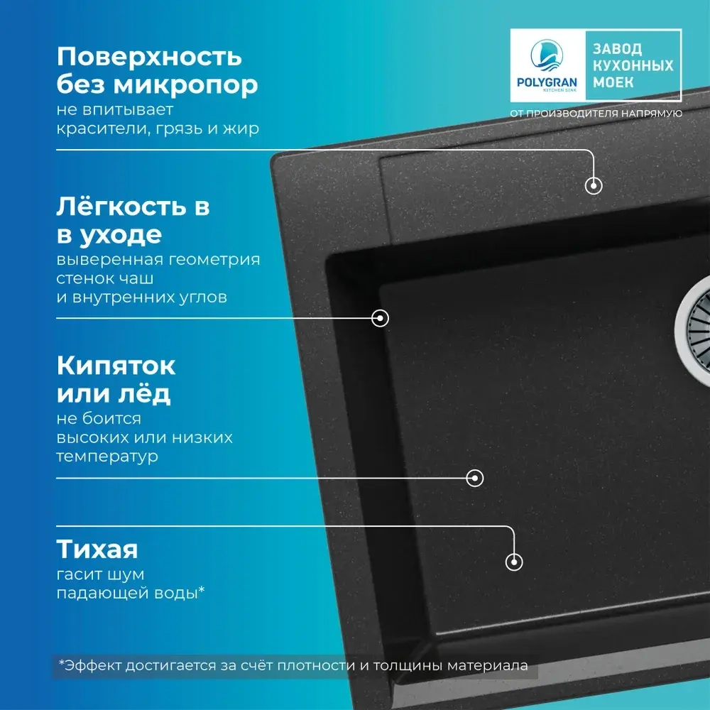 Мойка POLYGRAN ARGO-760 черный №16, смеситель DORADO черный №16