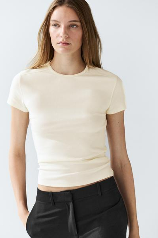 Massimo Dutti Футболка с коротким рукавом из смесовой хлопковой ткани, натуральный