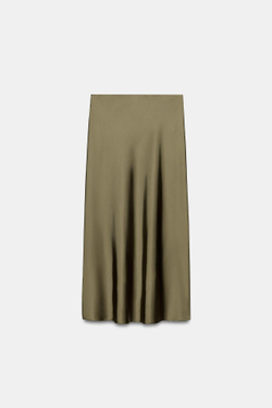 ZARA АТЛАСНАЯ ЮБКА МИДИ, ТЕМНЫЙ ХАКИ
