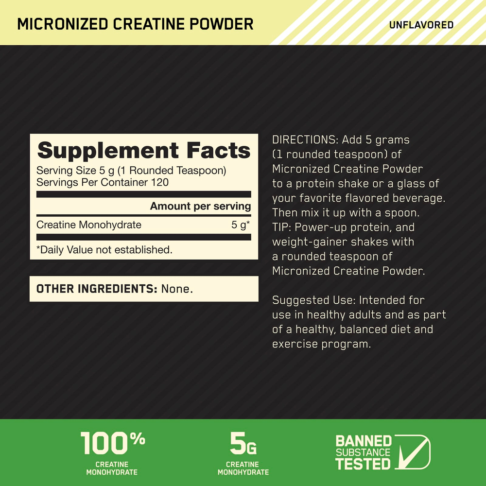 Optimum Nutrition, микронизированный порошок креатина, без добавок, 600 г
