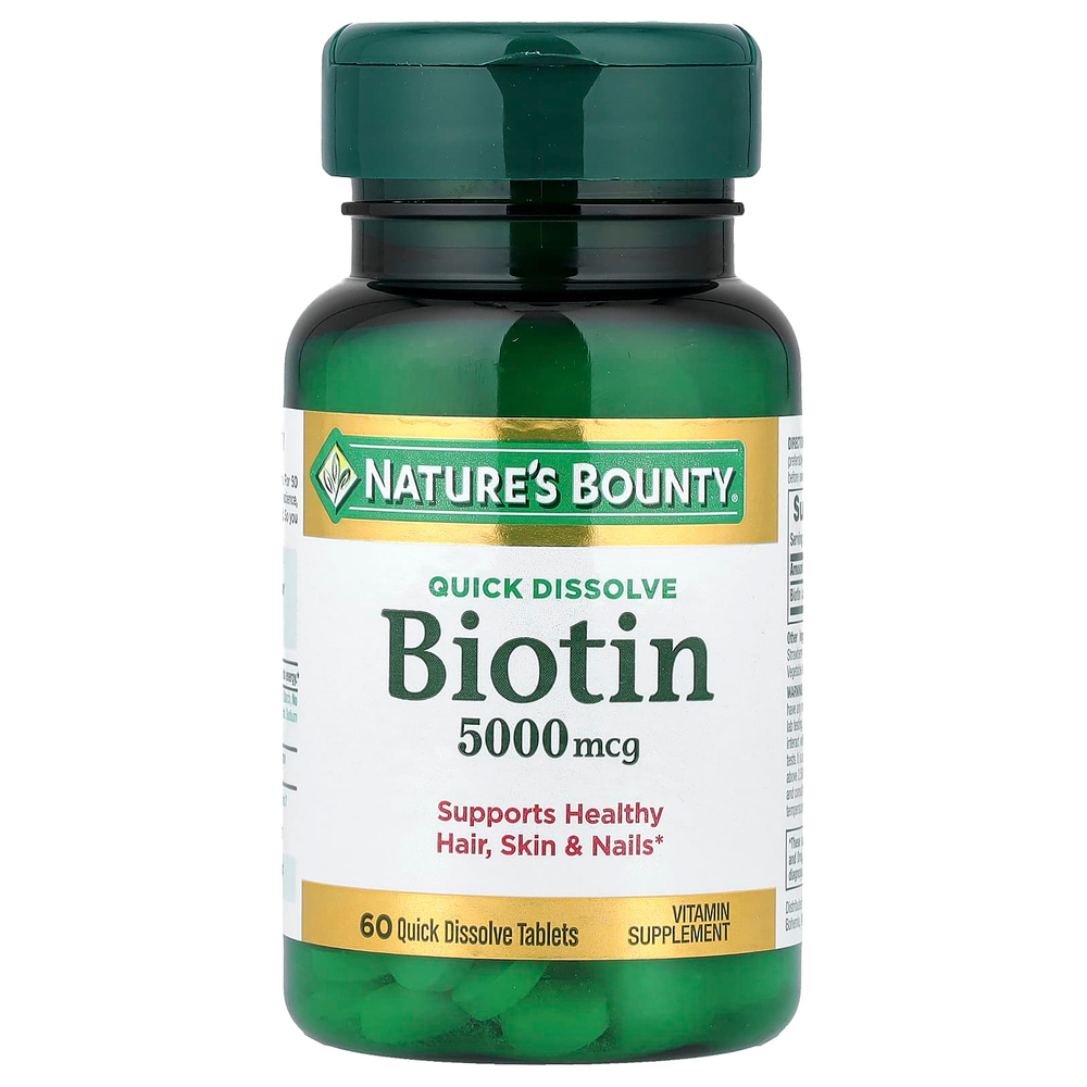 Nature's Bounty, биотин, со вкусом клубники, 5000 мкг, 60 быстрорастворимых таблеток