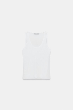 ZARA КОМБИНИРОВАННЫЙ ПОЛУПРОЗРАЧНЫЙ ТРИКОТАЖНЫЙ ТОП, БЕЛЫЙ
