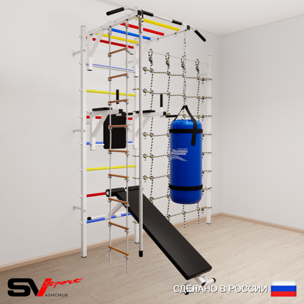 Шведская стенка Sv Sport усиленная 65530 (Турник рукоход/Брусья/Скамья/Канат/Лестница/Цепь/Мешок 30кг/Канатный лаз)