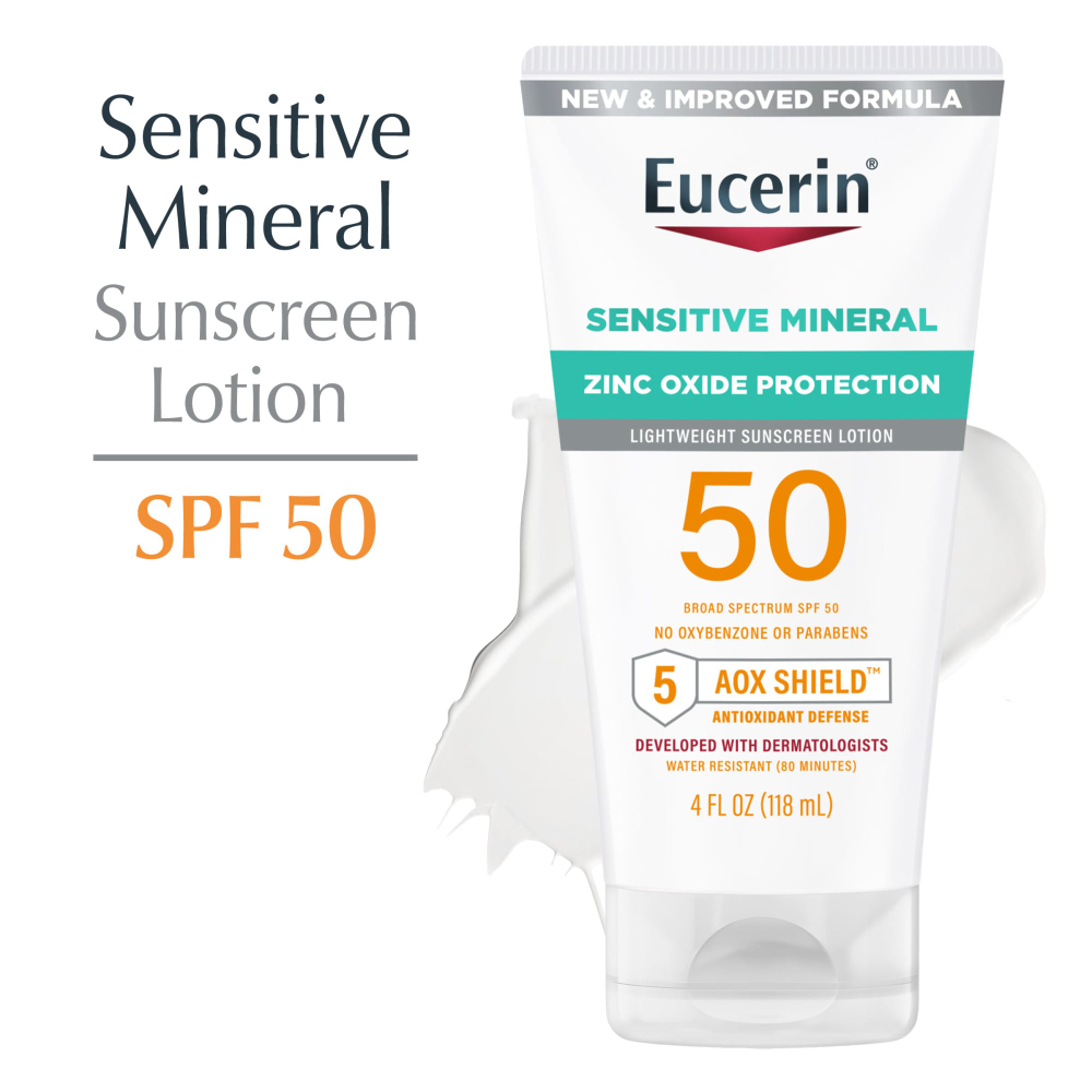 Eucerin, Sensitive Mineral, легкий солнцезащитный лосьон, SPF 50, без отдушек, 118 мл (4 жидк. унц.)