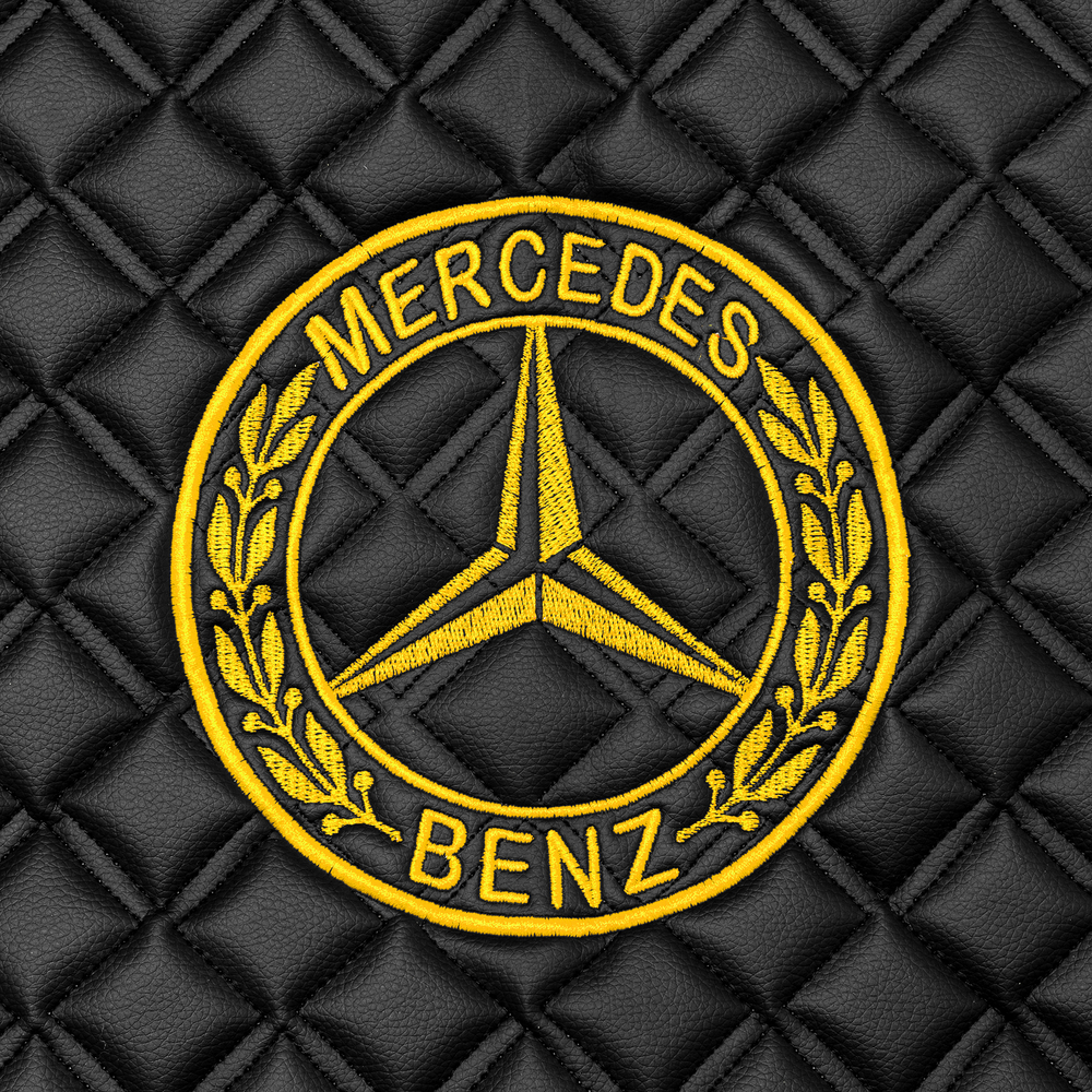 Ковры MERCEDES MP4 ровный пол (экокожа, черный, черный кант, желтая вышивка)