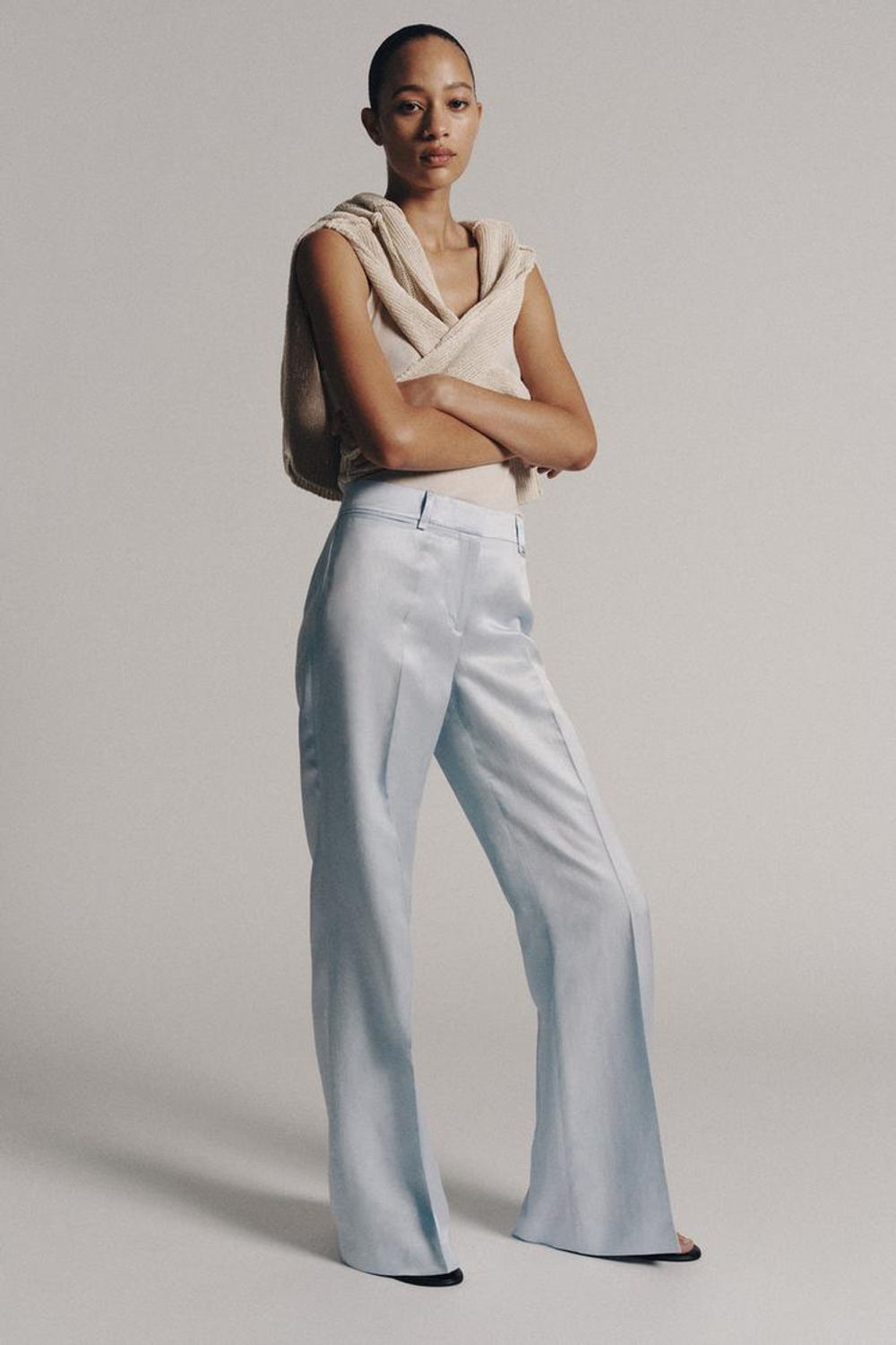 ZARA БРЮКИ КЛЕШ ИЗ СМЕСОВОГО ЛЬНА — ZW COLLECTION, ГОЛУБОЙ