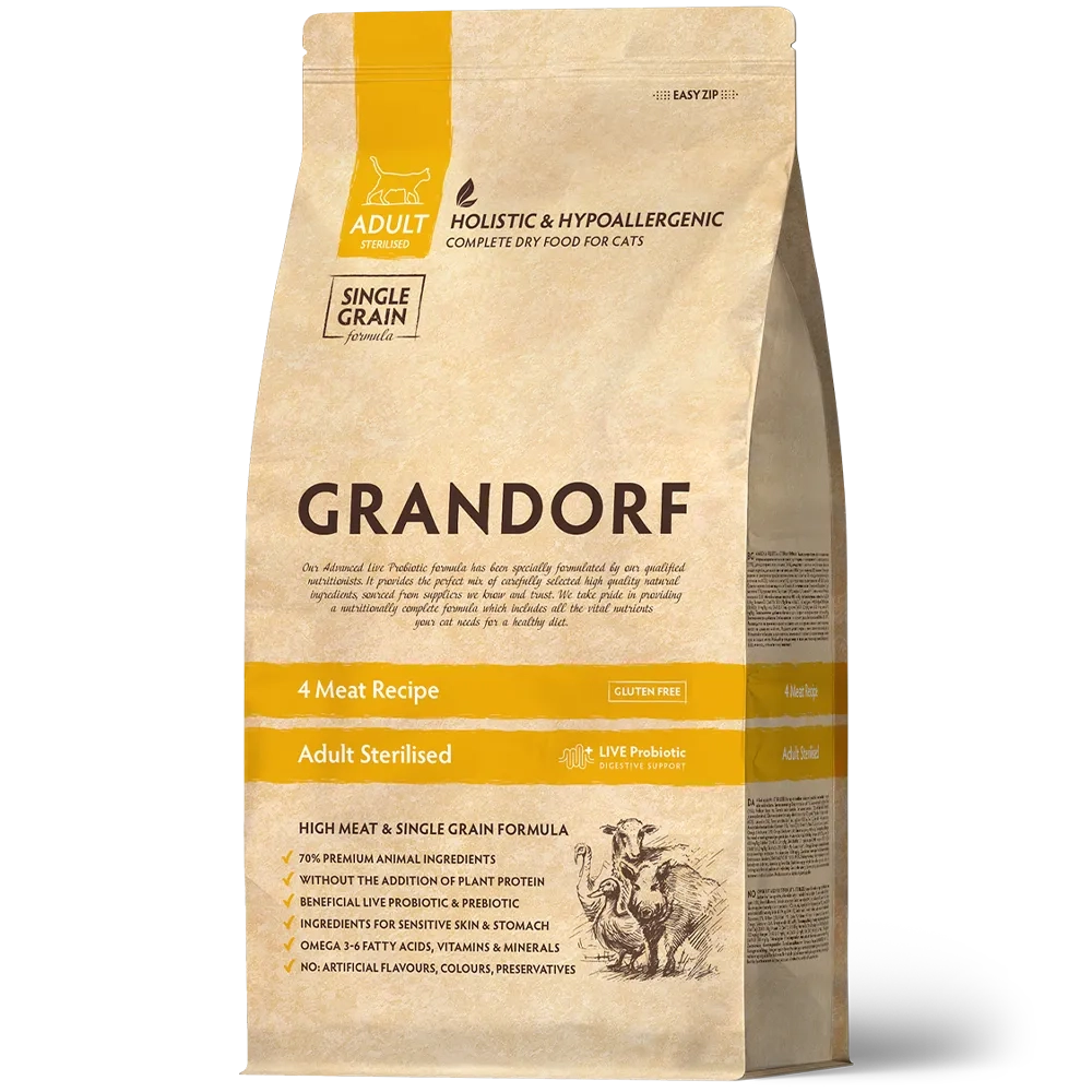 Сухой низкозерновой корм GRANDORF CAT 4 Meat PROBIOTIC STERILISED Четыре вида мяса для стерилизованных кошек с чувствительным пищеварением, 8кг