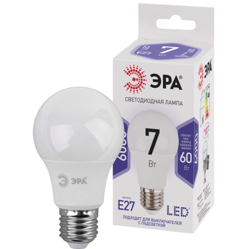 Лампа светодиодная ЭРА STD LED A60-7W-860-E27 7Вт груша холодный дневной свет Е27 | Лампы cветодиодные Груша (A)