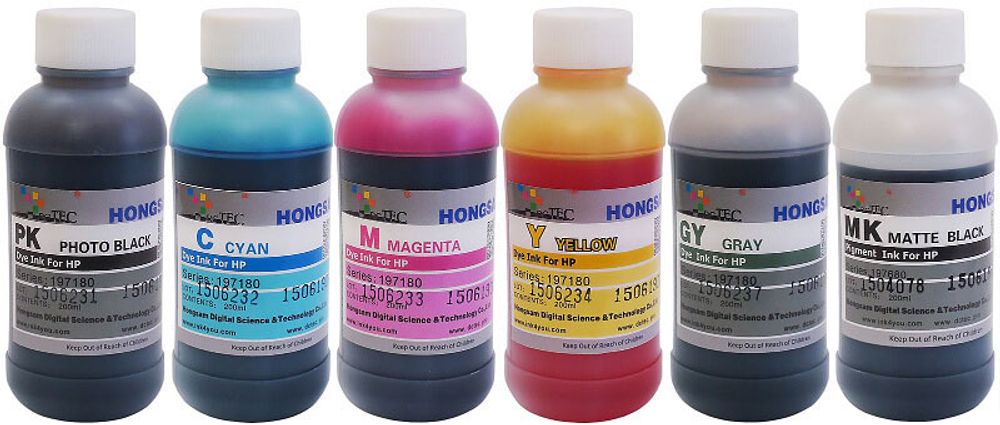 Чернила DCTec — HONGSAM водорастворимые +пигмент для HP серия: 197180-167680 - Набор 6 цветов (MK/PK/C/M/Y/GY) по 200 мл. Чернила DCTec — HONGSAM водорастворимые +пигмент для HP серия: 197180-167680 - Набор 6 цветов (MK/PK/C/M/Y/GY) по 200 мл.
