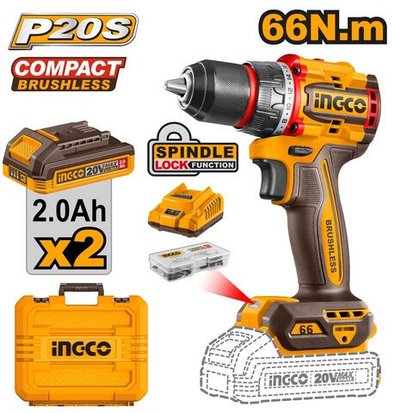 Аккумуляторный шуруповерт 20B BL 66Hm 2хАКБ и ЗУ кейс SUPER INGCO CDLI20668 INDUSTRIAL