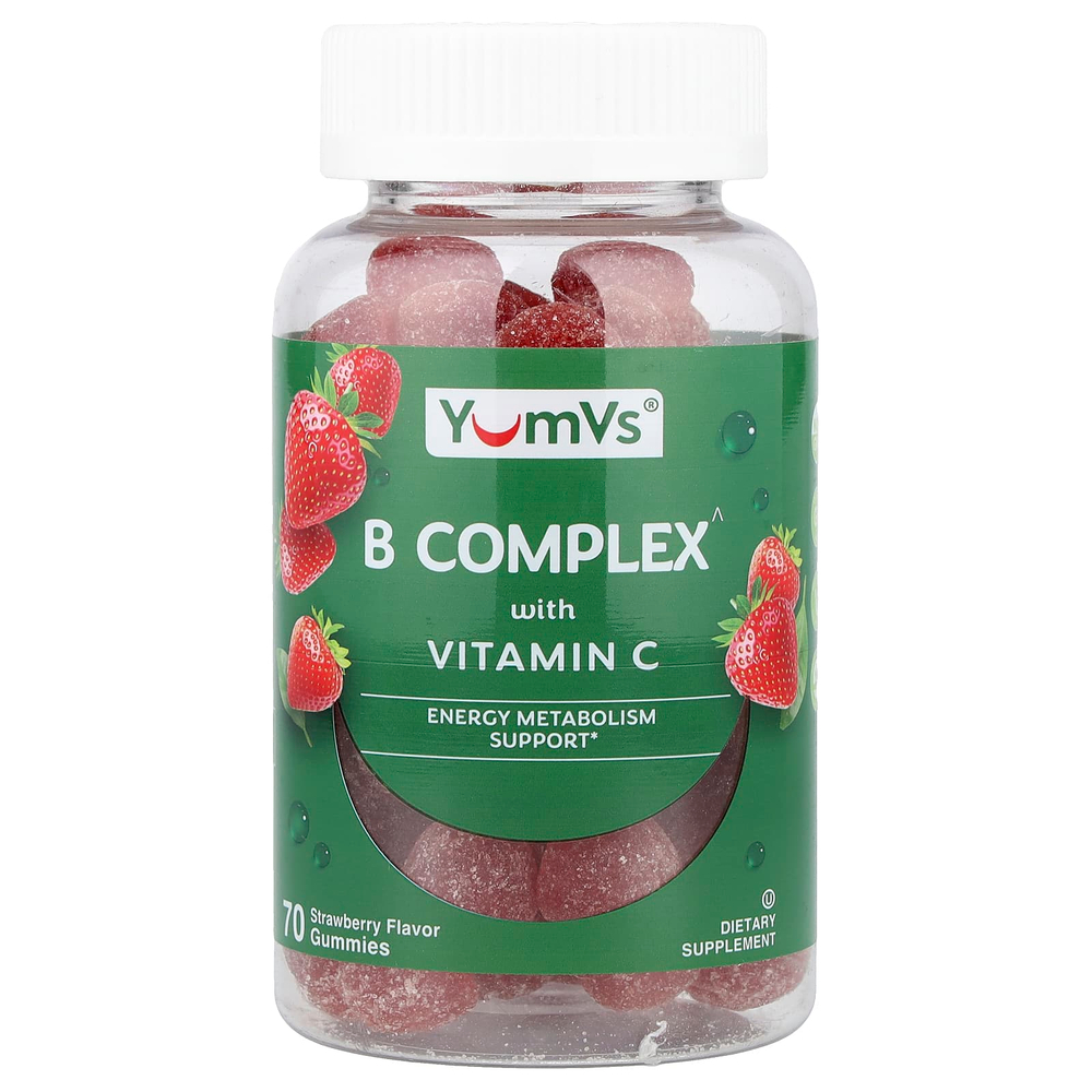 YumVs, комплекс витаминов группы B с витамином C в жевательных таблетках, со вкусом клубники, 70 жевательных таблеток