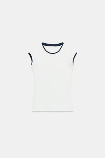 ZARA ФУТБОЛКА С ЭФФЕКТОМ ДВОЙНОГО РУКАВА, ЖЕЛТОВАТО-БЕЛЫЙ