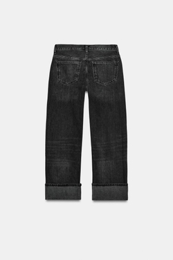 ZARA ДЖИНСЫ TRF STRAIGHT СО СРЕДНЕЙ ПОСАДКОЙ И ОТВОРОТАМИ, ЧЕРНЫЙ