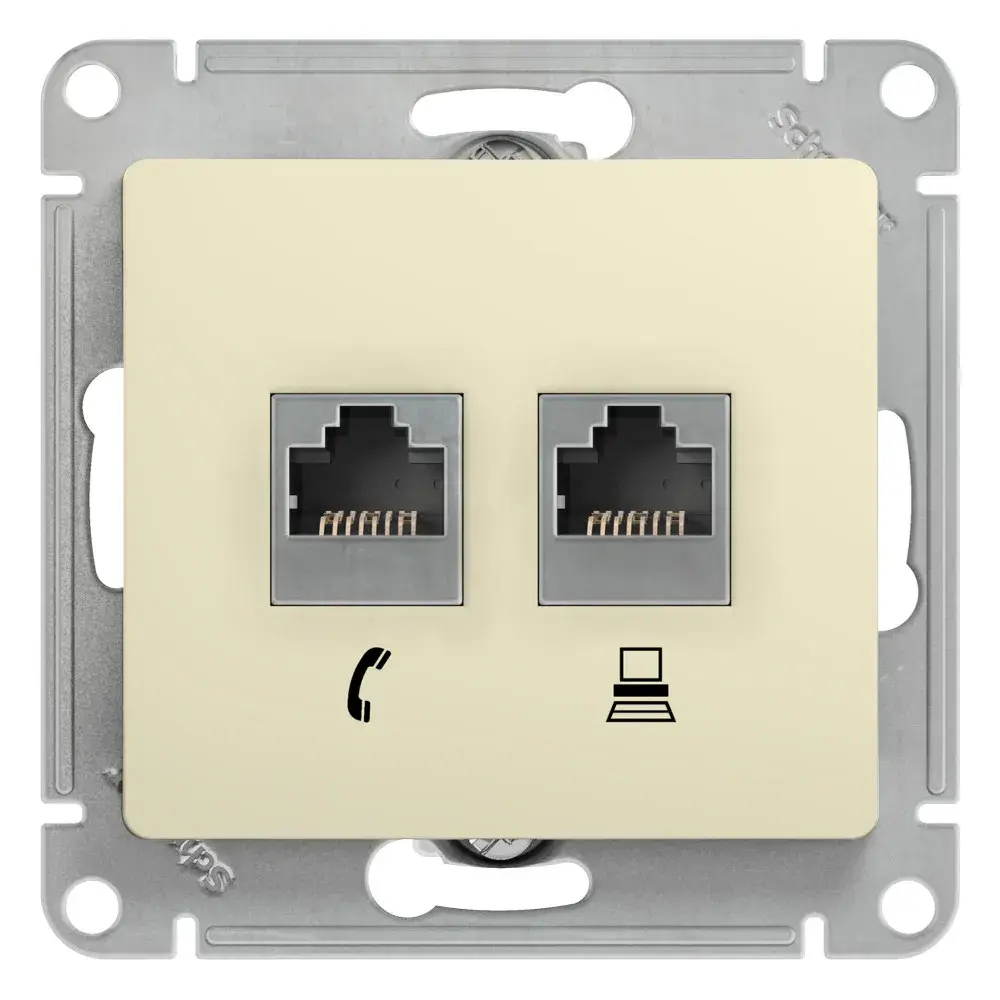 GLOSSA РОЗЕТКА двойная RJ11+RJ45 кат.5e, механизм, БЕЖЕВЫЙ