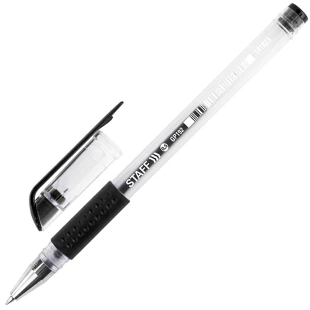 Ручка гелевая с грипом STAFF "EVERYDAY" GP-192, ЧЕРНАЯ, корпус прозрачный, узел 0,5 мм, линия письма